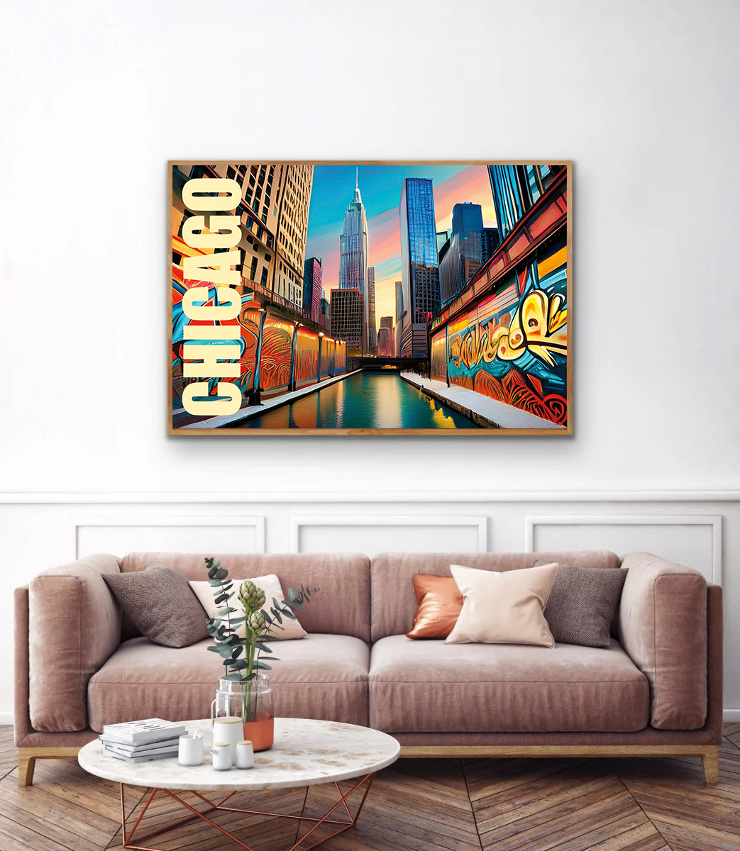 Urban graffiti-style wall art print of Chicago featuring vibrant spray paint effects, iconic skyline elements, and dynamic street art details — ideal for digital download, urban decor, cityscape art, and Chicago-inspired home accents.