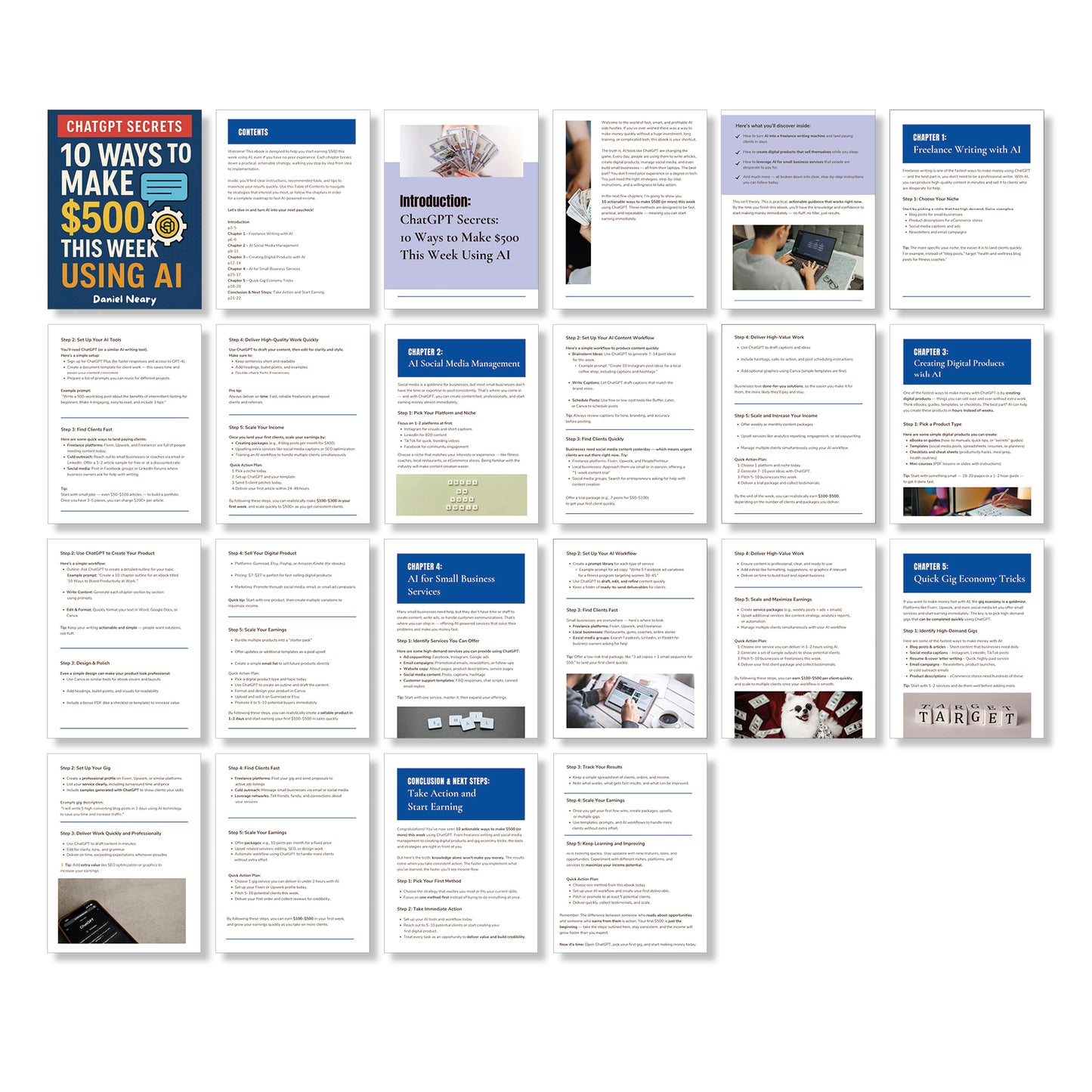 Collection of digital pages with text and small images on a white background ChatGPT Secrets: 10 Ways to Make $500 This Week Using AI'