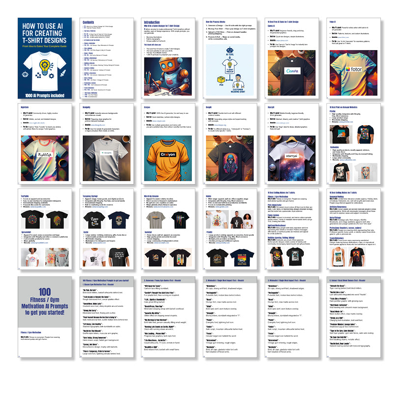 Grid of t-shirt design templates with text and images on a white background