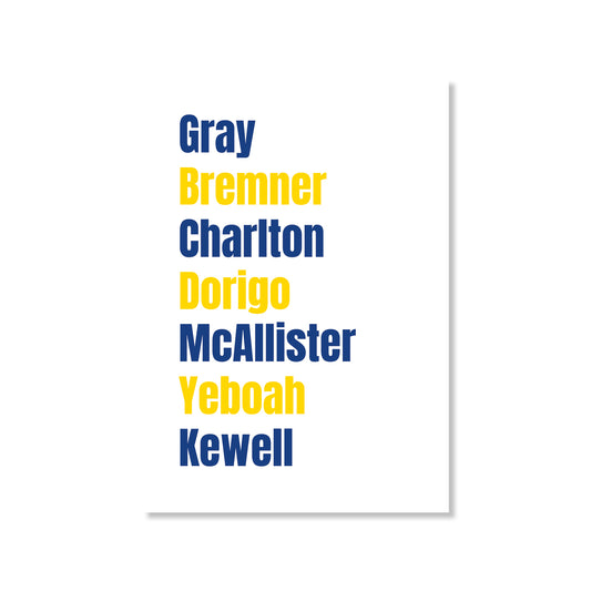 Leeds United Legends Wall Art Print featuring Gray, Bremner, Charlton, Kewell, Dorigo, McAllister, and Yeboah – Digital Download PDF Football Home Decor