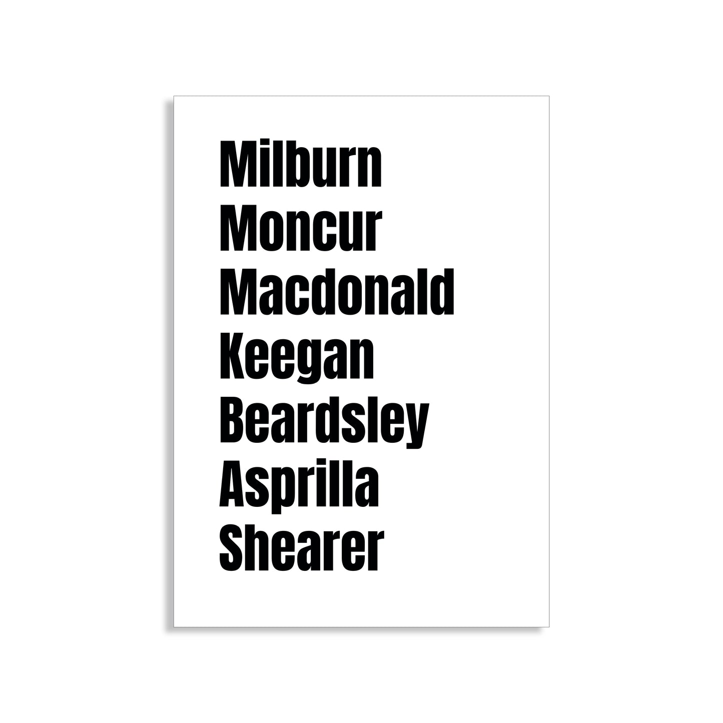 Newcastle United Legends Wall Art Print featuring Milburn, Moncur, Macdonald, Keegan, Beardsley, Asprilla, and Shearer – Digital Download PDF Football Home Decor