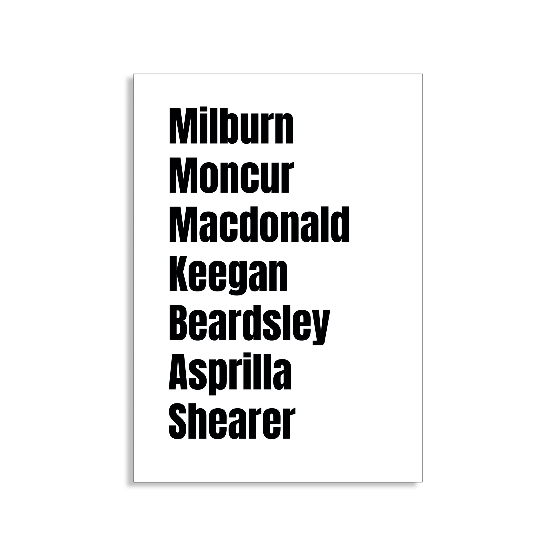 Newcastle United Legends Wall Art Print featuring Milburn, Moncur, Macdonald, Keegan, Beardsley, Asprilla, and Shearer – Digital Download PDF Football Home Decor