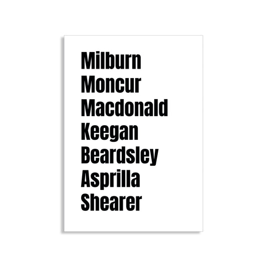 Newcastle United Legends Wall Art Print featuring Milburn, Moncur, Macdonald, Keegan, Beardsley, Asprilla, and Shearer – Digital Download PDF Football Home Decor