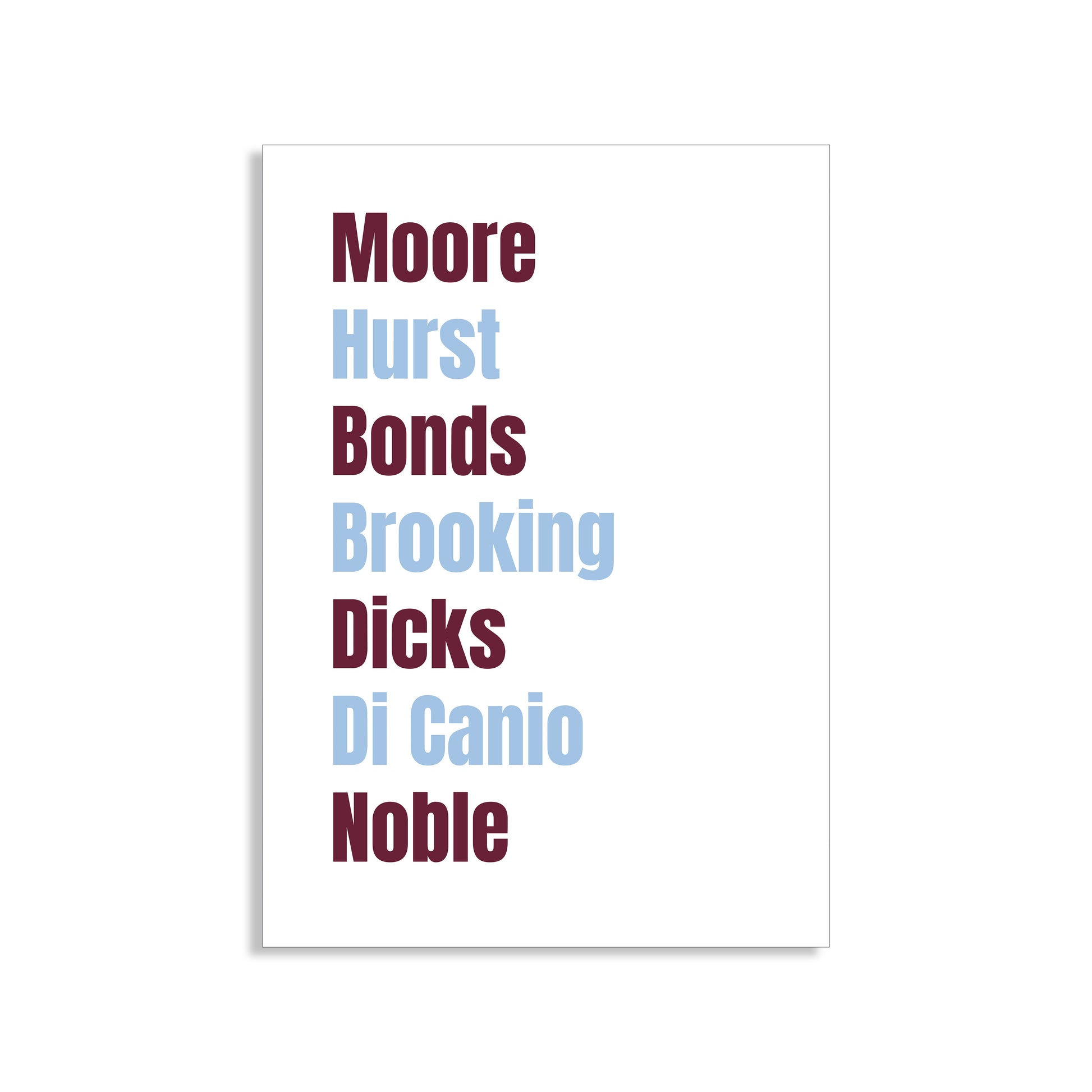 West Ham United Legends Wall Art Print featuring Moore, Hurst, Bonds, Brooking, Dicks, Di Canio, and Noble – Digital Download PDF Football Home Decor