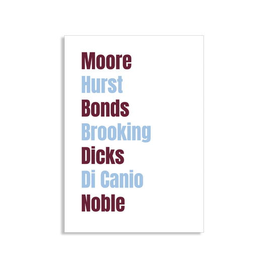 West Ham United Legends Wall Art Print featuring Moore, Hurst, Bonds, Brooking, Dicks, Di Canio, and Noble – Digital Download PDF Football Home Decor