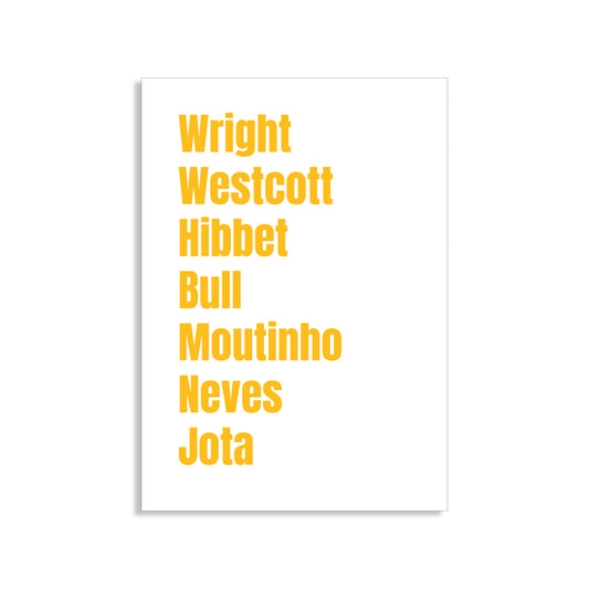 Wolverhampton Wanderers Legends Wall Art Print featuring Wright, Westcott, Hibbet, Bull, Moutinho, Neves, and Jota – Digital Download PDF Football Home Decor